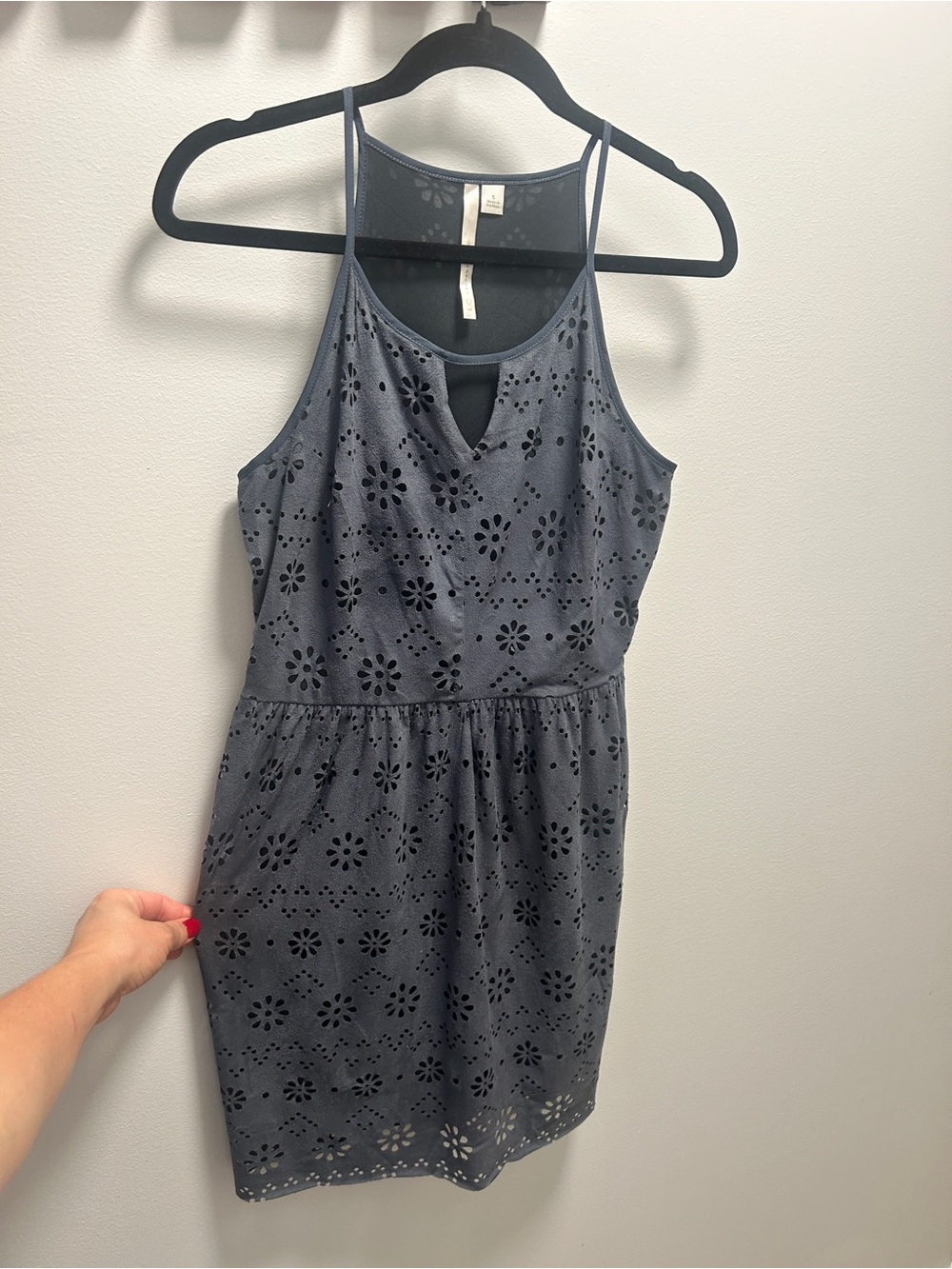 Women’s Blue Eyelet Sundress -  Floral Cutout Design velvet
